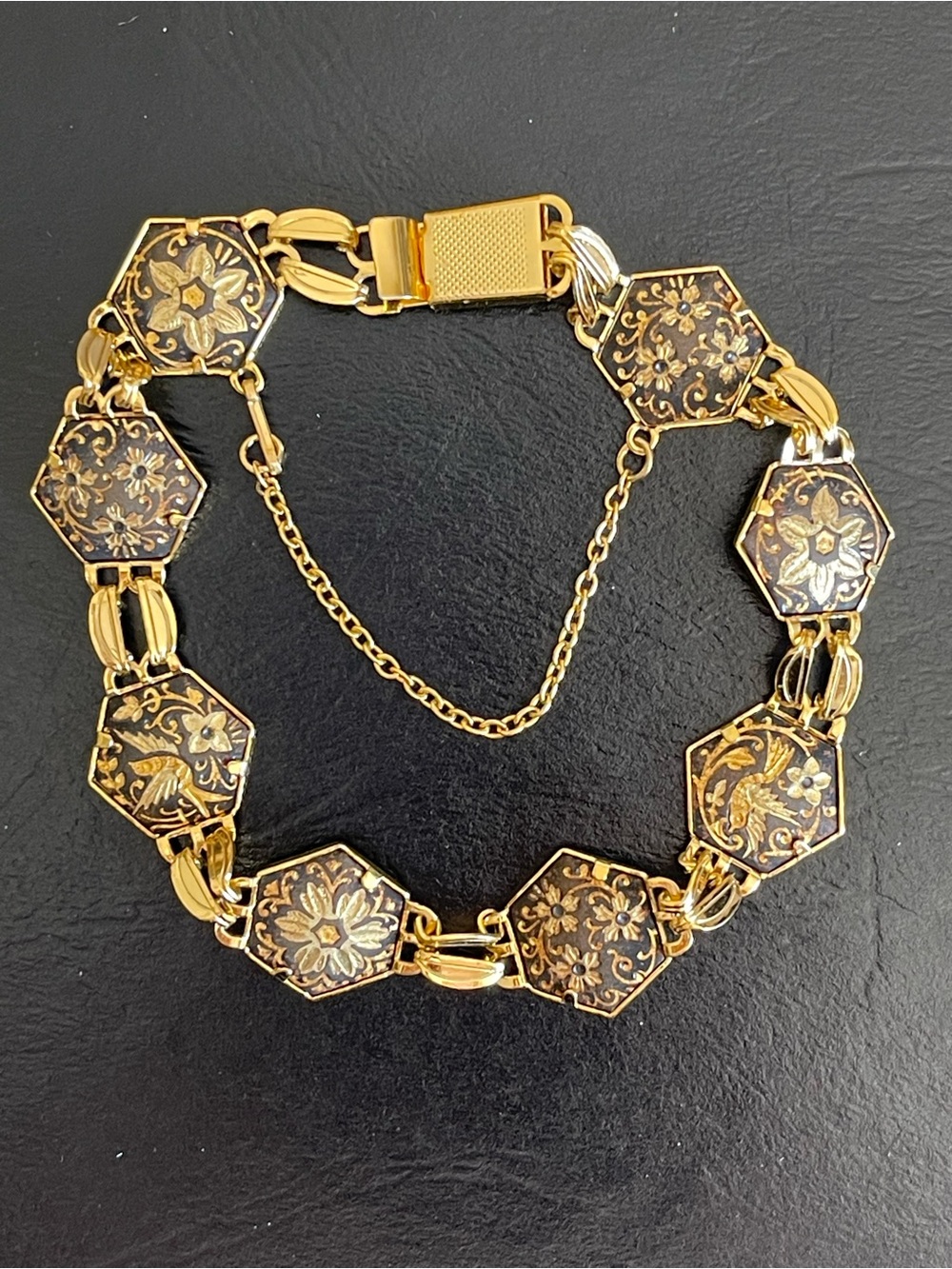 Vintage Damascene Gold-Tone Floral Hexagon Link Bracelet.